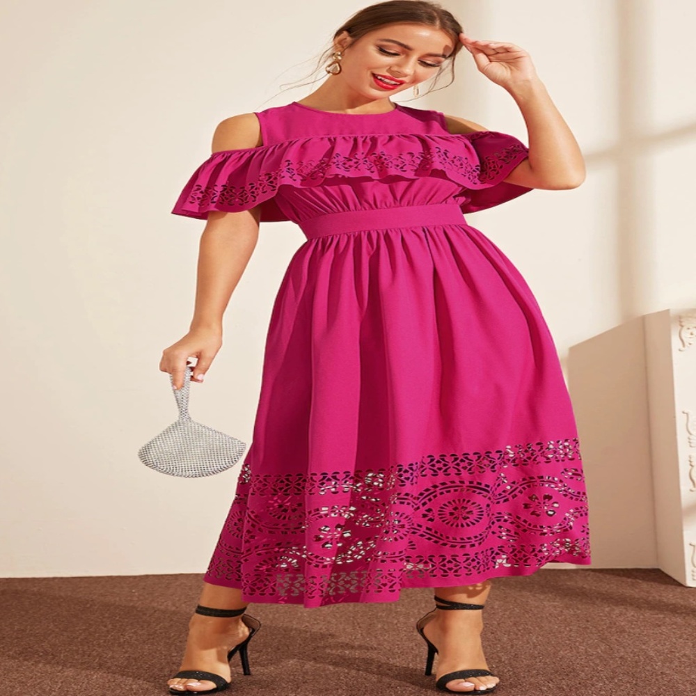 Hot Pink Cold Shoulder Ruffle Maxi Dress